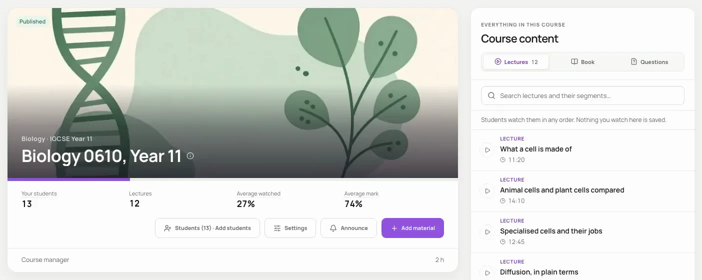 A tutor's course page in Klaro on a sample Biology course: the students, the lectures, Add material, and the course content with its lectures, book and questions